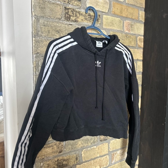adidas Cropped Black Hooded Sweatshirt with White Logo - Picture 2 of 4
